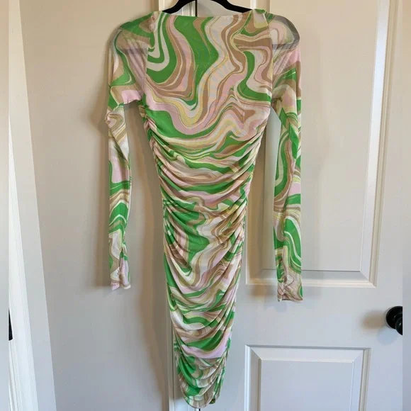 AFRM LOS ANGELES Gesine Long Sleeve Ruched Minidress in Green Swiss - Picture 9 of 11